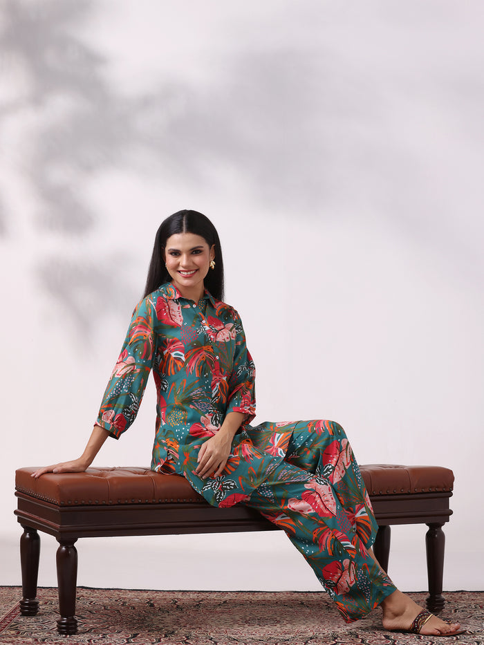Women Liva Teal Printed Co-Ord Set