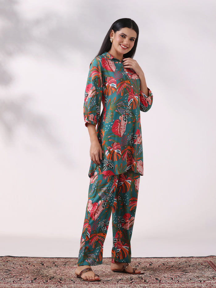 Women Liva Teal Printed Co-Ord Set