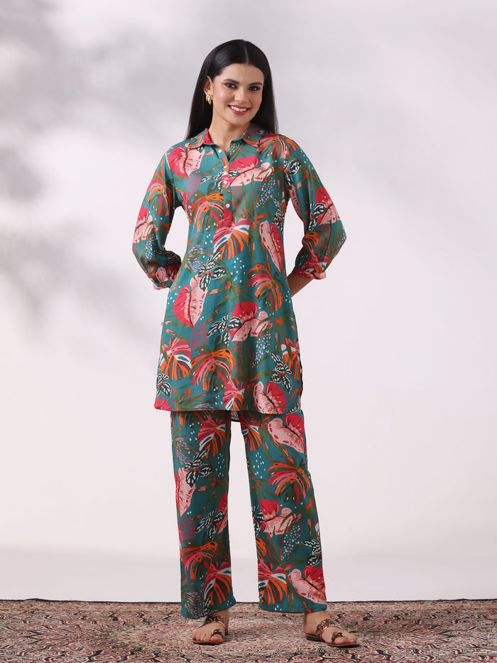 Women Liva Teal Printed Co-Ord Set
