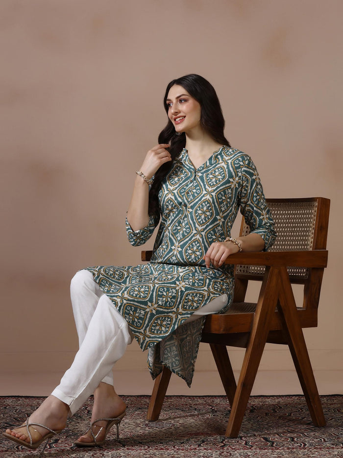 Women Liva Teal Printed Kurta.