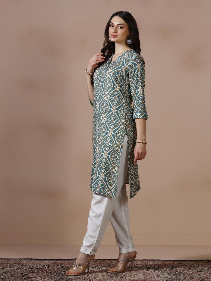 Women Liva Teal Printed Kurta.