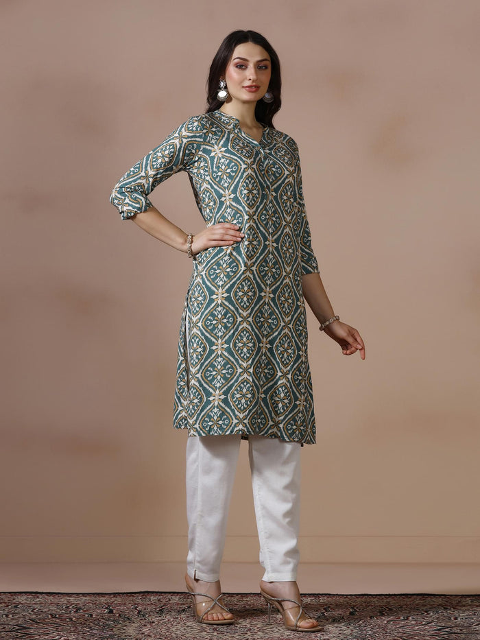 Women Liva Teal Printed Kurta.