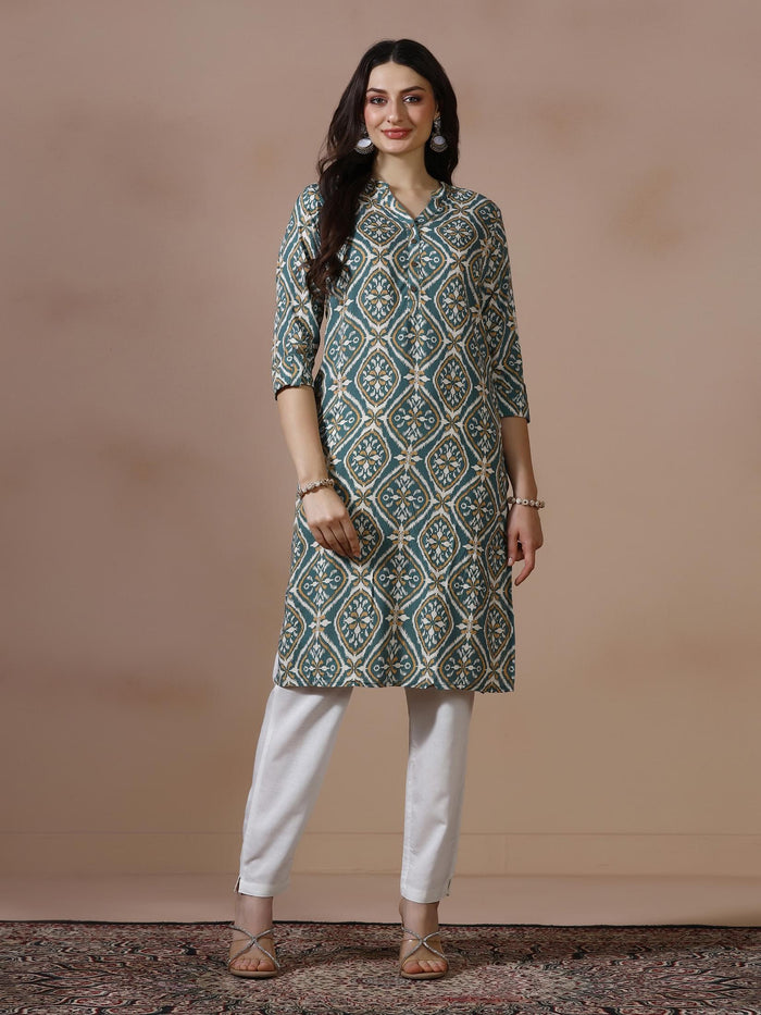 Women Liva Teal Printed Kurta.