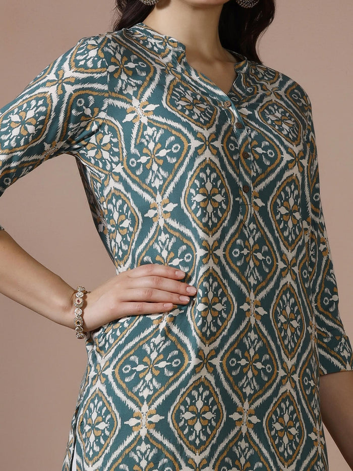 Women Liva Teal Printed Kurta.