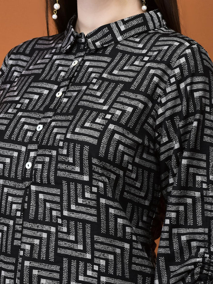Women Liva (Viscose) Black Geometric Print Co-Ord Set.