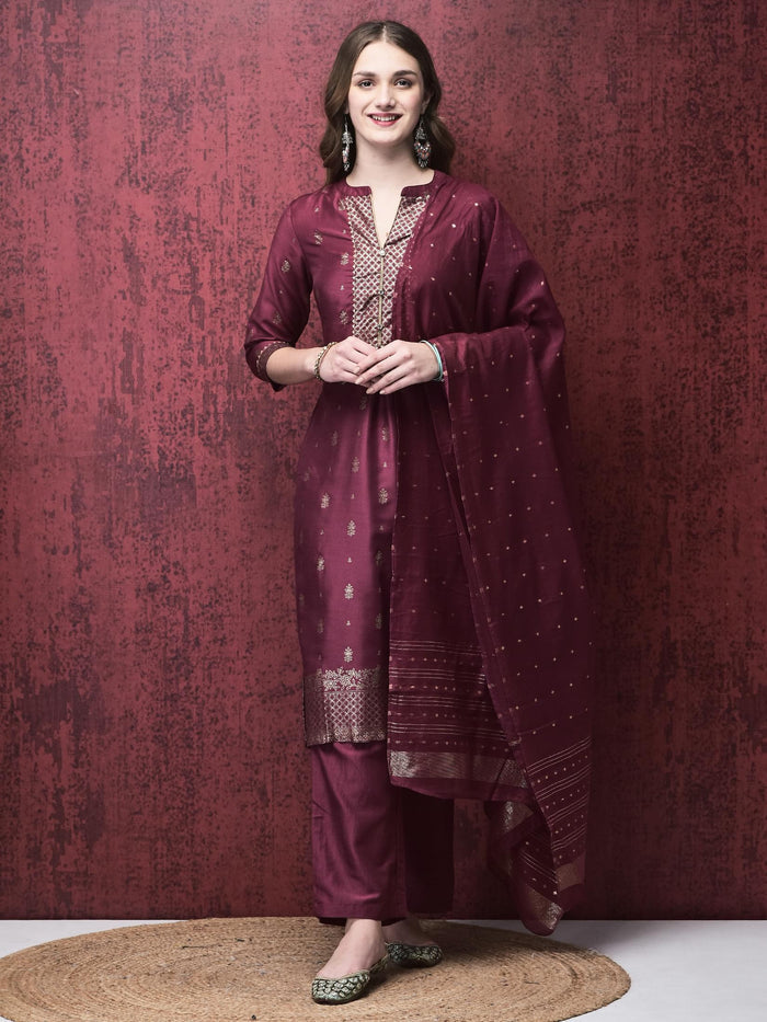 Women Liva (Viscose) Burgundy Foil Print Kurta Comfort pant Dupatta.