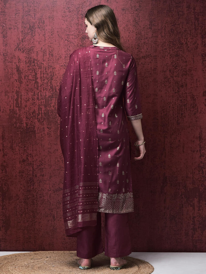 Women Liva (Viscose) Burgundy Foil Print Kurta Comfort pant Dupatta.