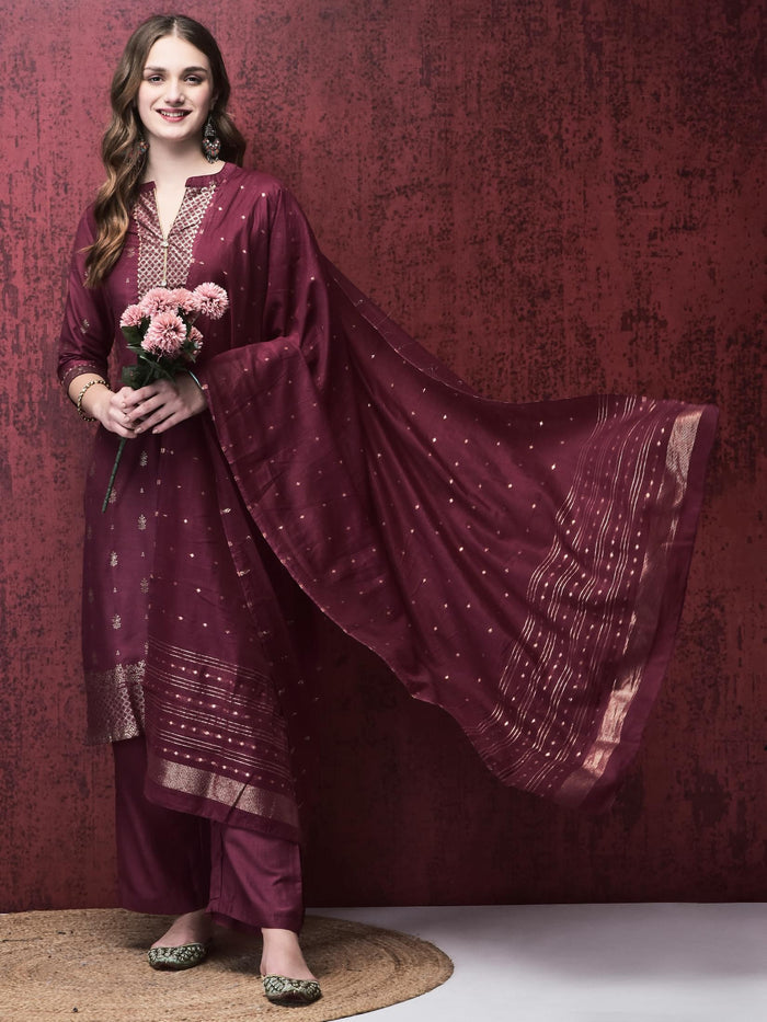 Women Liva (Viscose) Burgundy Foil Print Kurta Comfort pant Dupatta.