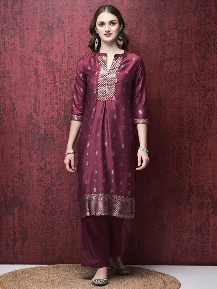 Women Liva (Viscose) Burgundy Foil Print Kurta Comfort pant Dupatta.