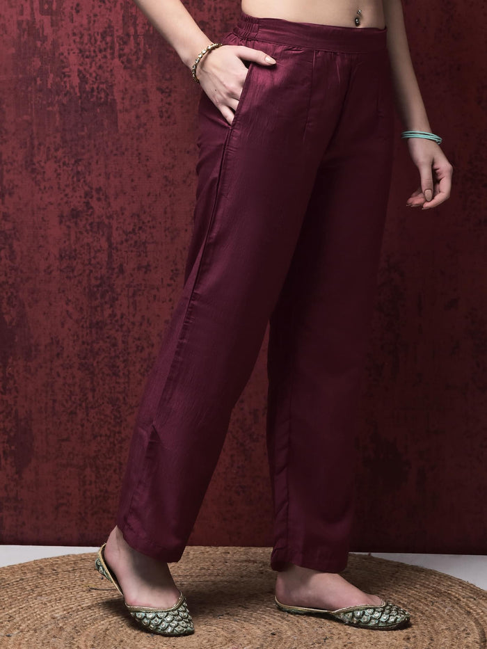 Women Liva (Viscose) Burgundy Foil Print Kurta Comfort pant Dupatta.