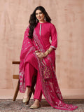 Women Liva Viscose Fuchsia Embroidered Kurta Comfort Pant Dupatta.