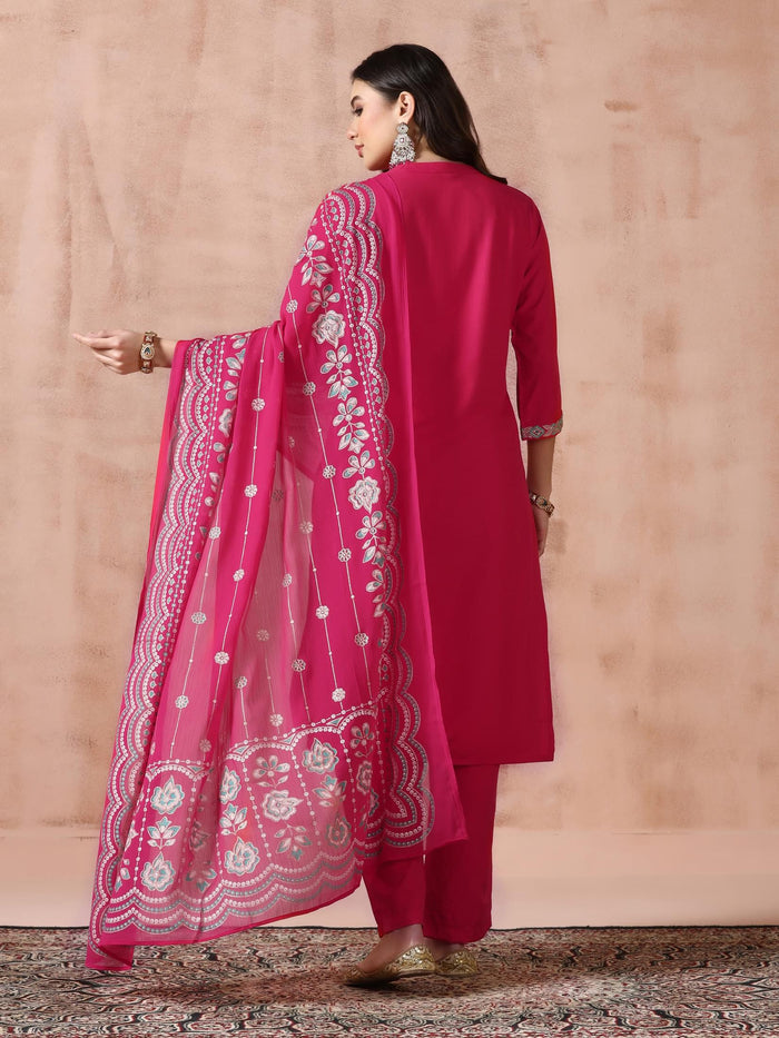 Women Liva Viscose Fuchsia Embroidered Kurta Comfort Pant Dupatta.