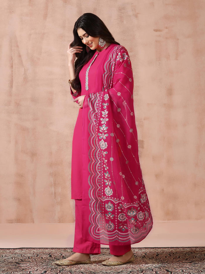 Women Liva Viscose Fuchsia Embroidered Kurta Comfort Pant Dupatta.