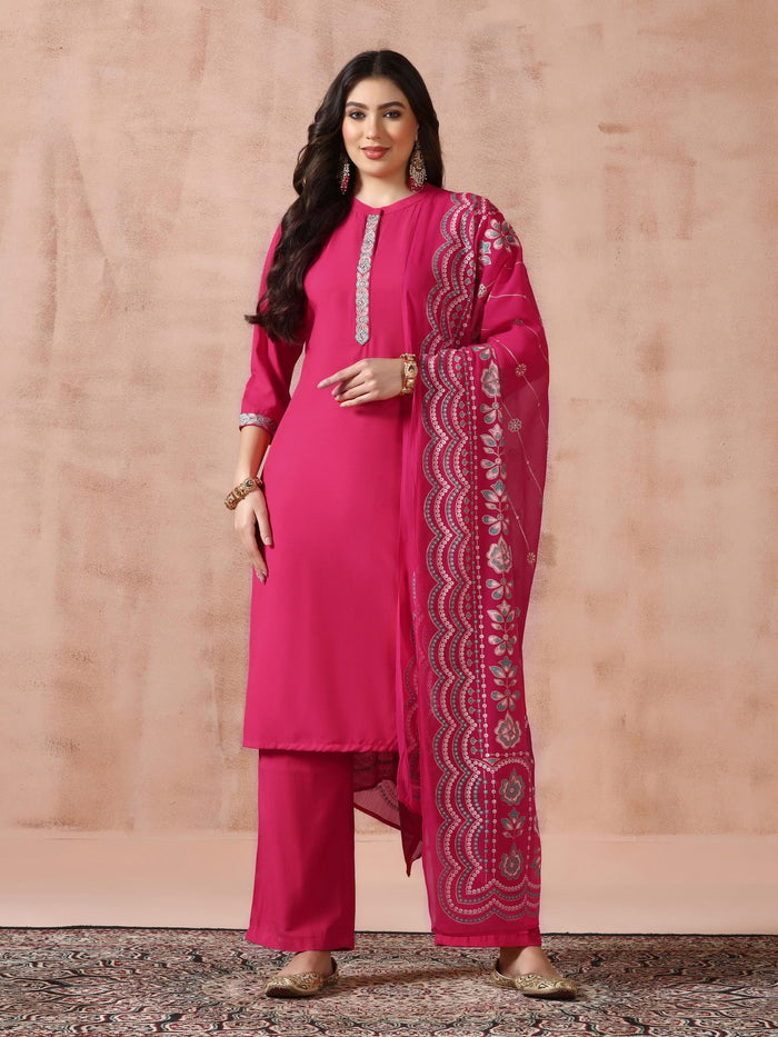 Women Liva Viscose Fuchsia Embroidered Kurta Comfort Pant Dupatta.