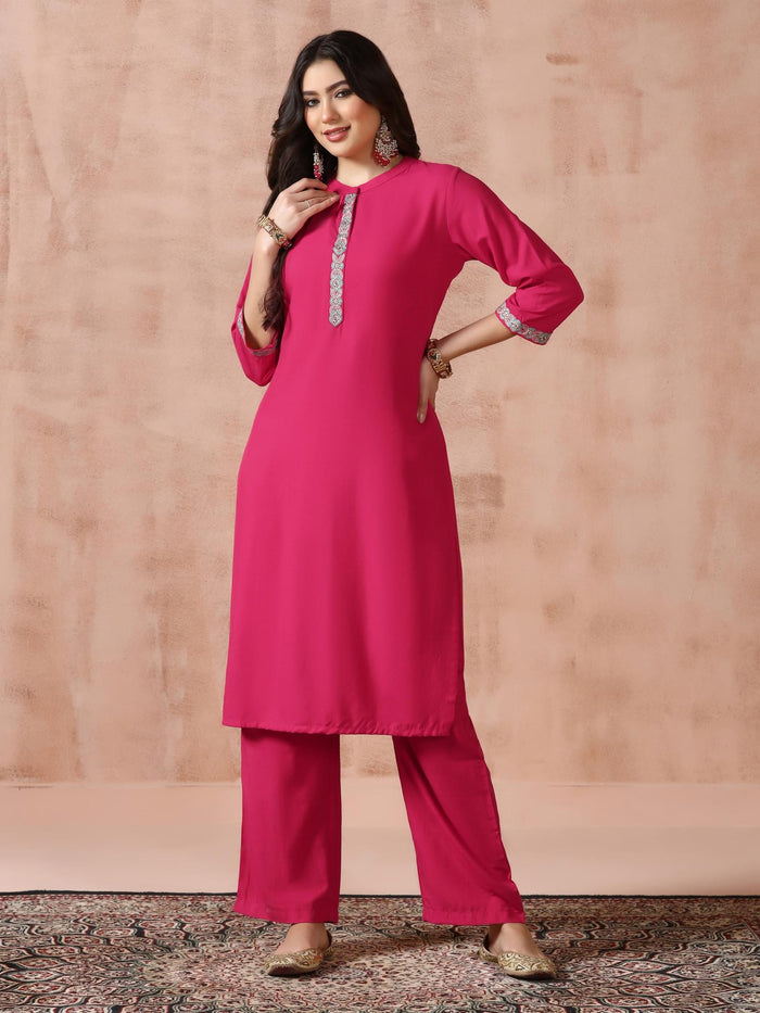Women Liva Viscose Fuchsia Embroidered Kurta Comfort Pant Dupatta.