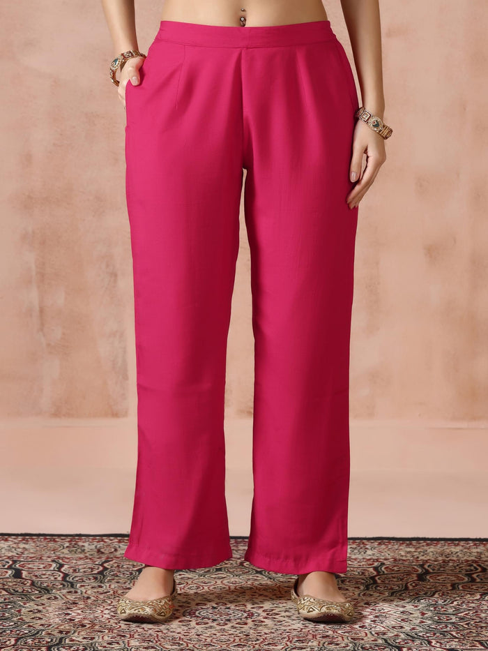Women Liva Viscose Fuchsia Embroidered Kurta Comfort Pant Dupatta.