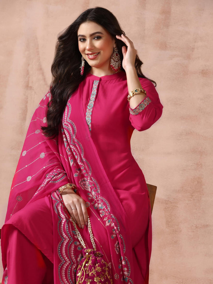 Women Liva Viscose Fuchsia Embroidered Kurta Comfort Pant Dupatta.