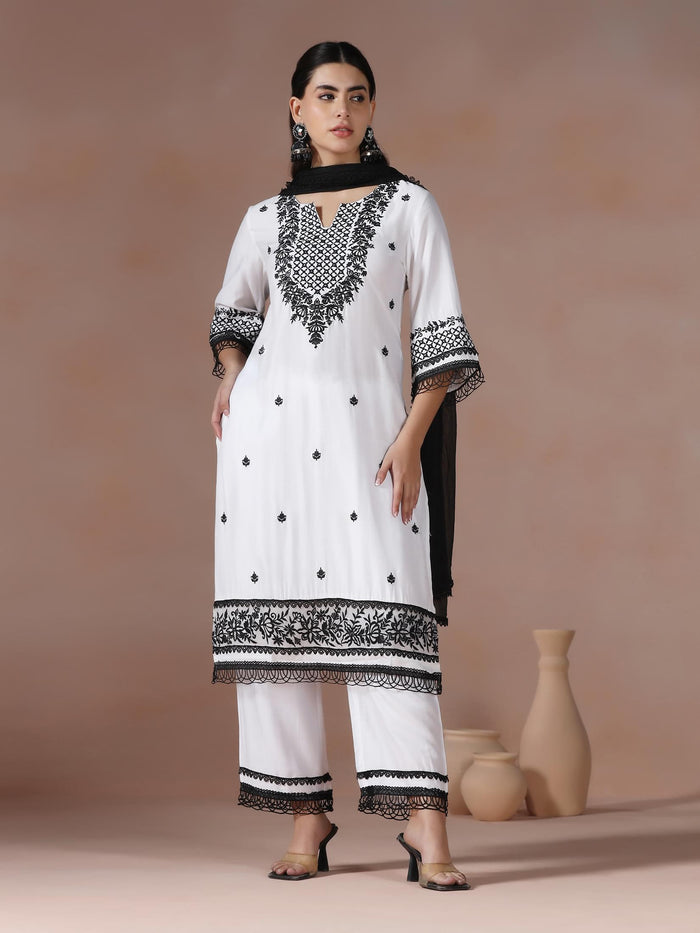 Women Liva Viscose Off White Embroidered Kurta Comfort Pant Dupatta.