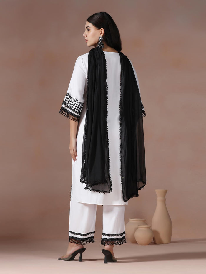 Women Liva Viscose Off White Embroidered Kurta Comfort Pant Dupatta.