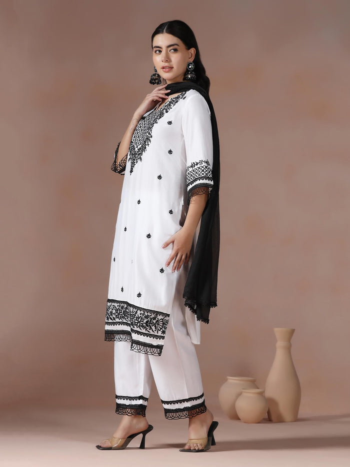 Women Liva Viscose Off White Embroidered Kurta Comfort Pant Dupatta.