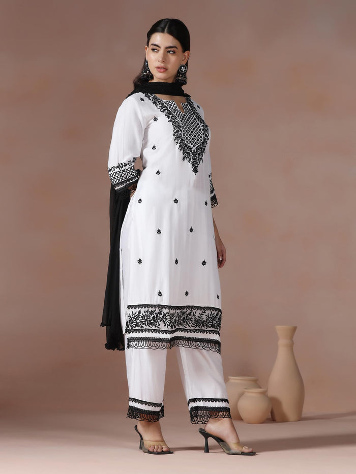 Women Liva Viscose Off White Embroidered Kurta Comfort Pant Dupatta.