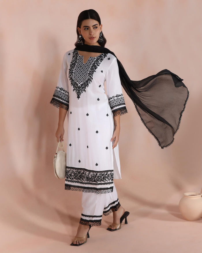 Women Liva Viscose Off White Embroidered Kurta Comfort Pant Dupatta.