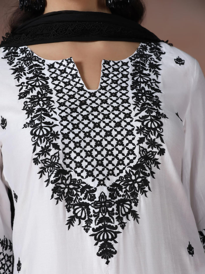 Women Liva Viscose Off White Embroidered Kurta Comfort Pant Dupatta.