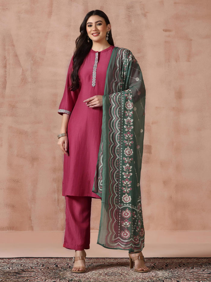 Women Liva Viscose Pink Embroidered Kurta Comfort Pant Dupatta.