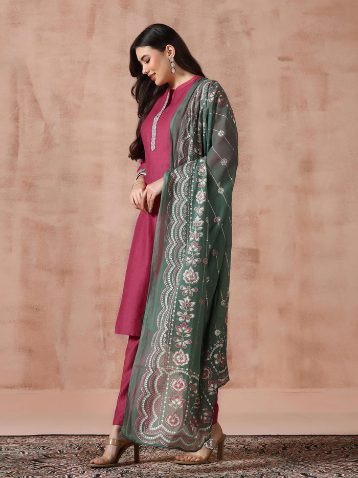 Women Liva Viscose Pink Embroidered Kurta Comfort Pant Dupatta.