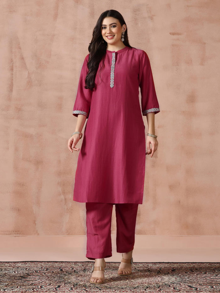 Women Liva Viscose Pink Embroidered Kurta Comfort Pant Dupatta.
