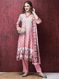 Women Liva (Viscose) Pink Ornamental Print Kurta Trouser Chanderi Dupatta.