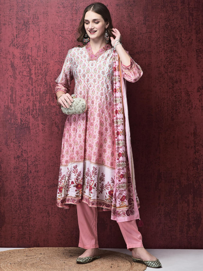 Women Liva (Viscose) Pink Ornamental Print Kurta Trouser Chanderi Dupatta.