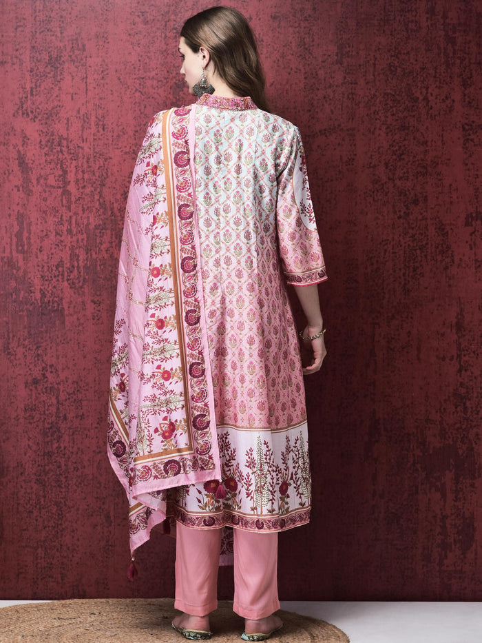 Women Liva (Viscose) Pink Ornamental Print Kurta Trouser Chanderi Dupatta.