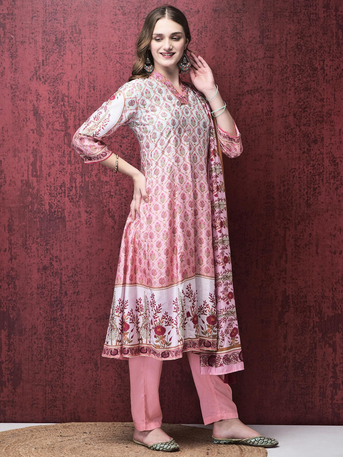 Women Liva (Viscose) Pink Ornamental Print Kurta Trouser Chanderi Dupatta.