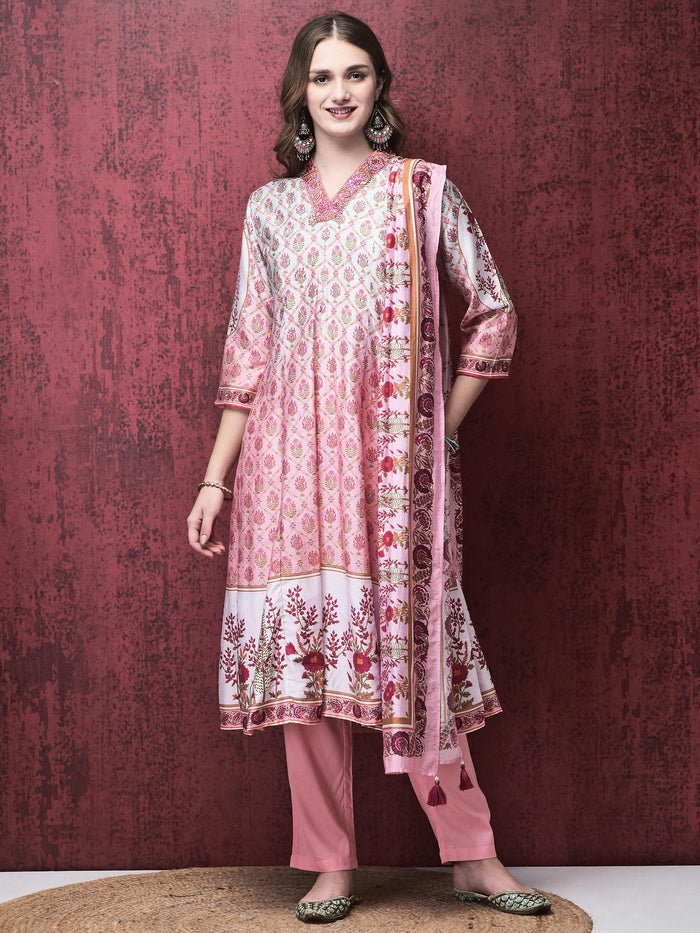 Women Liva (Viscose) Pink Ornamental Print Kurta Trouser Chanderi Dupatta.