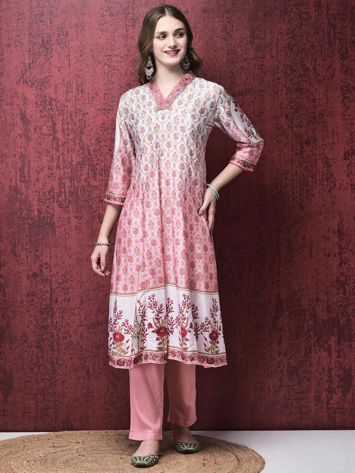 Women Liva (Viscose) Pink Ornamental Print Kurta Trouser Chanderi Dupatta.