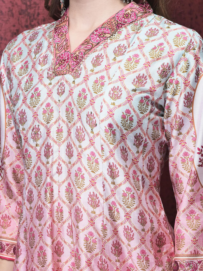 Women Liva (Viscose) Pink Ornamental Print Kurta Trouser Chanderi Dupatta.