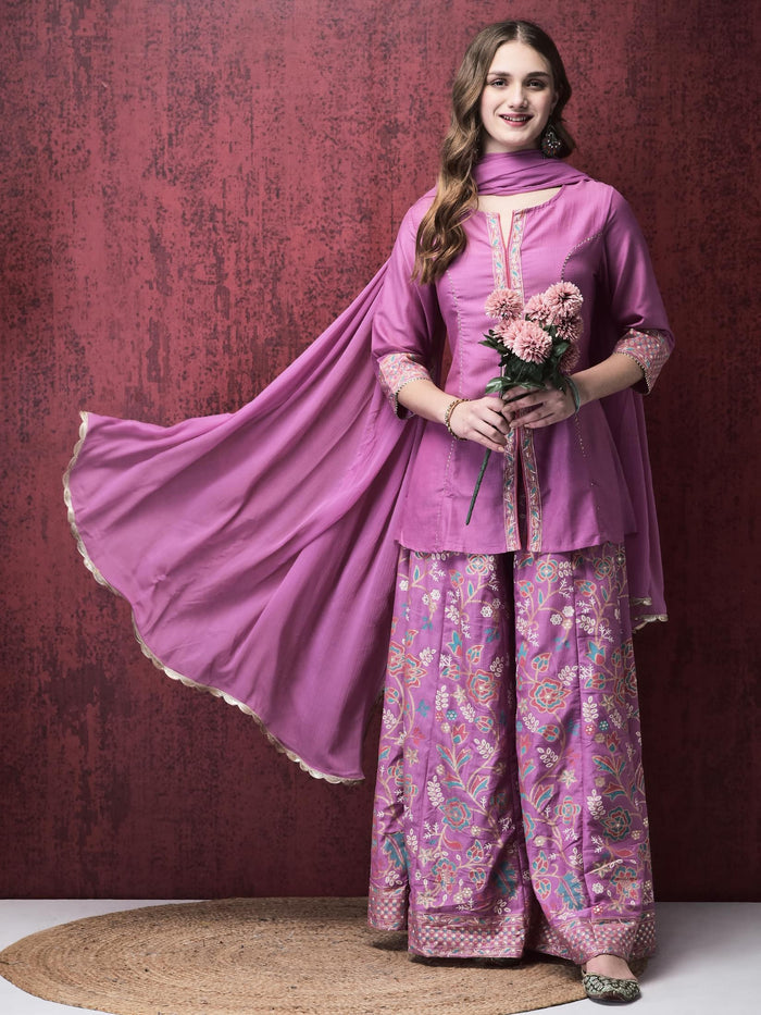 Women Liva (Viscose) Purple Solid Kurta Split Pant Dupatta.