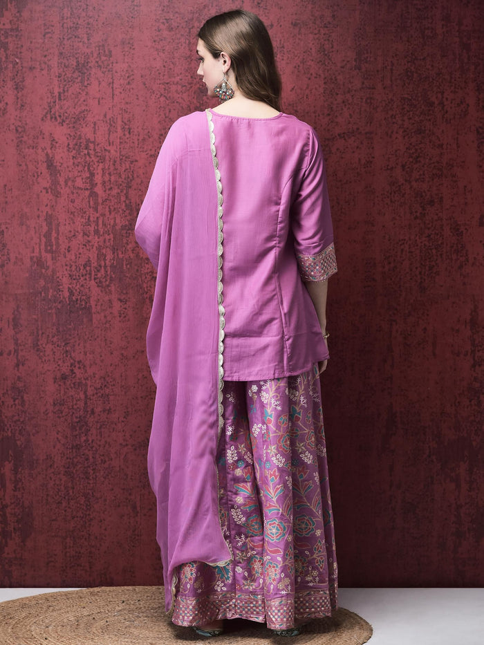 Women Liva (Viscose) Purple Solid Kurta Split Pant Dupatta.