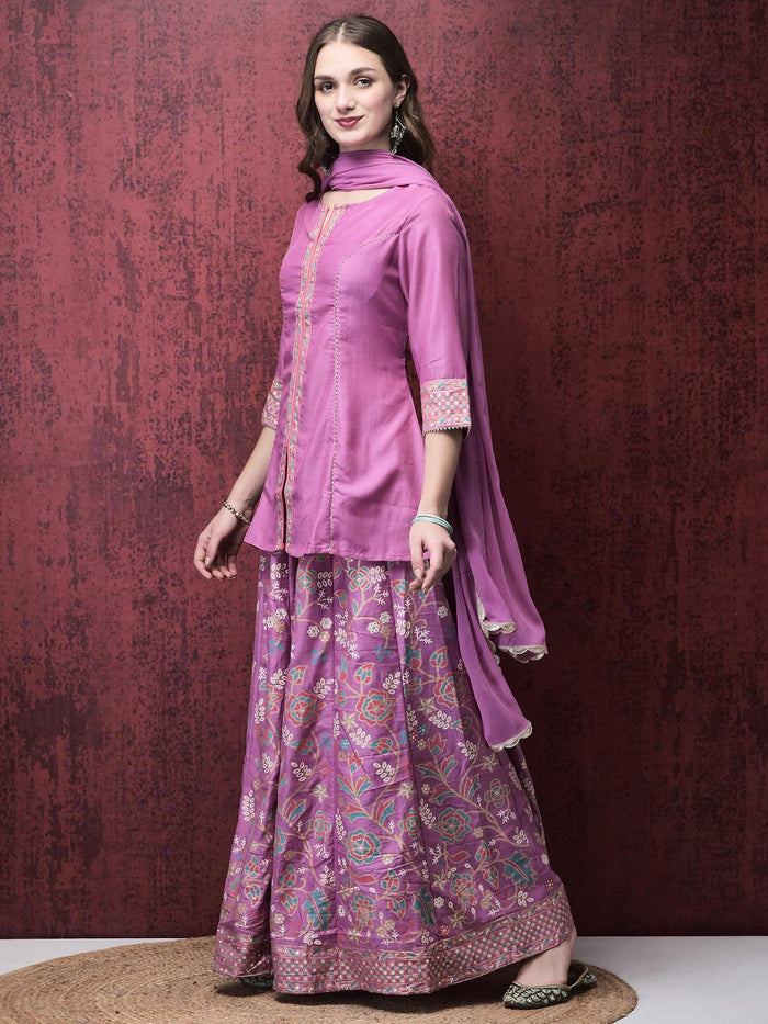 Women Liva (Viscose) Purple Solid Kurta Split Pant Dupatta.