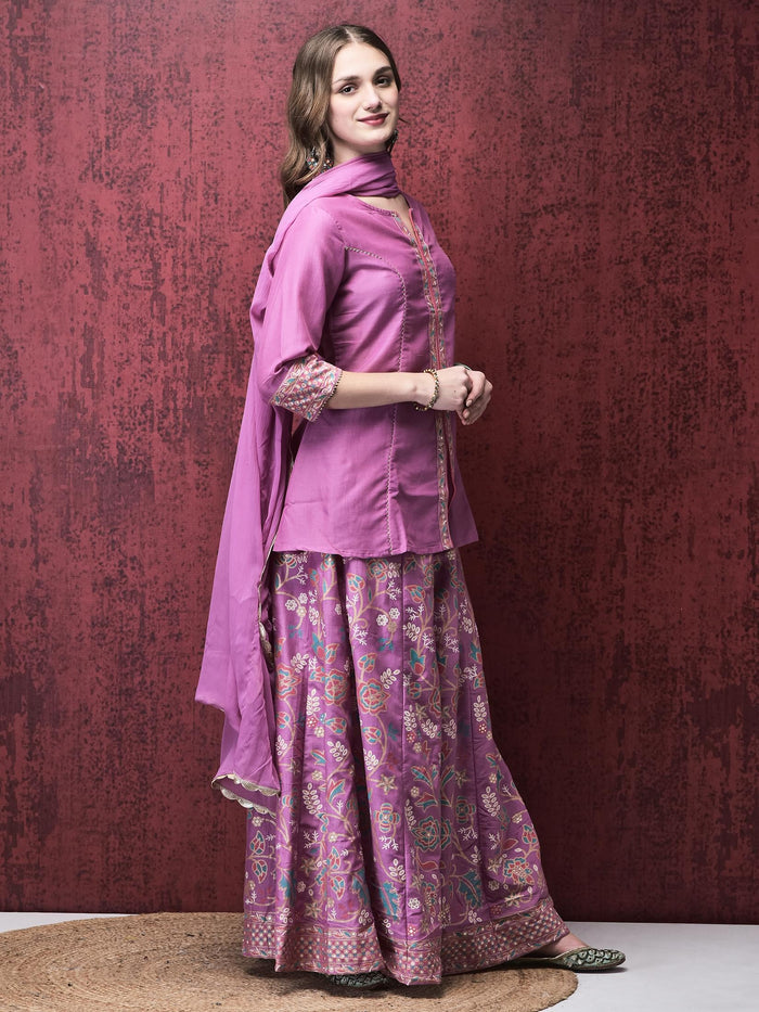 Women Liva (Viscose) Purple Solid Kurta Split Pant Dupatta.
