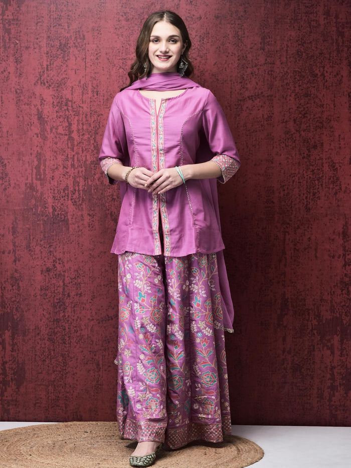 Women Liva (Viscose) Purple Solid Kurta Split Pant Dupatta.