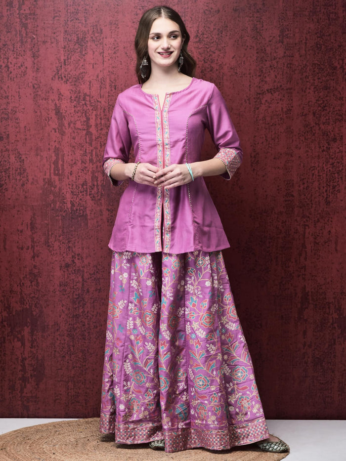 Women Liva (Viscose) Purple Solid Kurta Split Pant Dupatta.