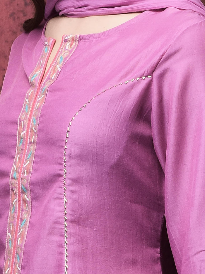 Women Liva (Viscose) Purple Solid Kurta Split Pant Dupatta.
