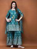 Women Liva (Viscose) Turquoise Blue Foil Print Kurta Sharara Dupatta.