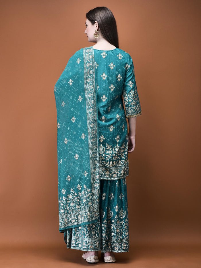 Women Liva (Viscose) Turquoise Blue Foil Print Kurta Sharara Dupatta.