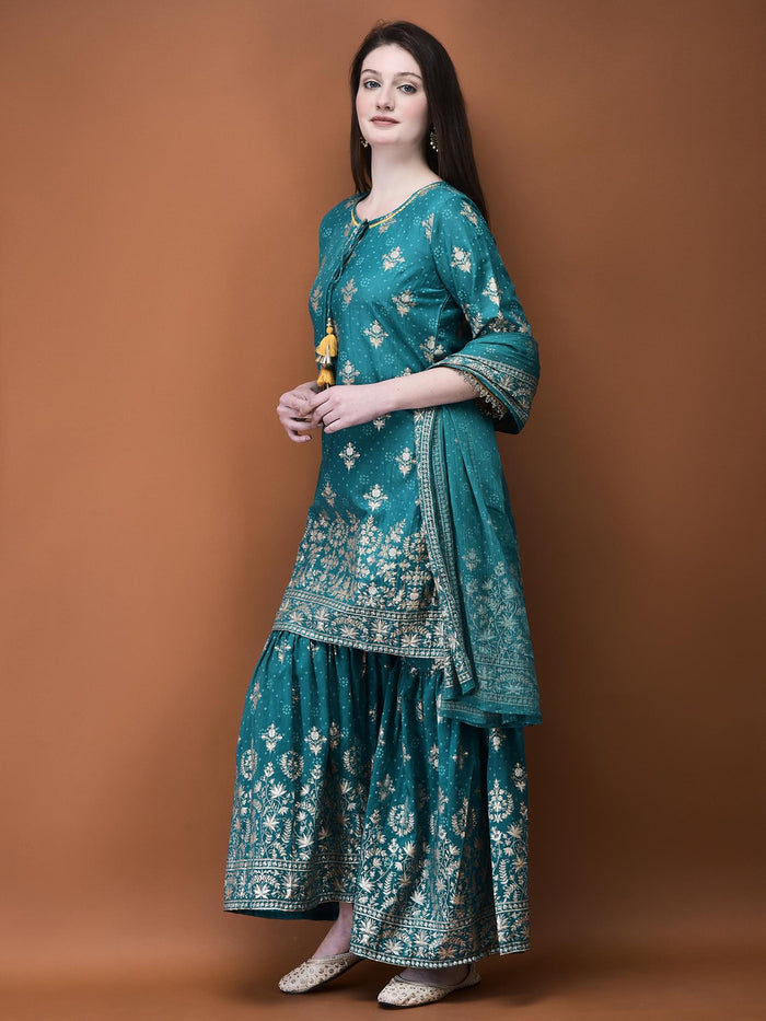 Women Liva (Viscose) Turquoise Blue Foil Print Kurta Sharara Dupatta.