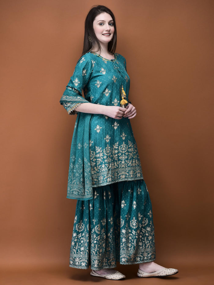 Women Liva (Viscose) Turquoise Blue Foil Print Kurta Sharara Dupatta.