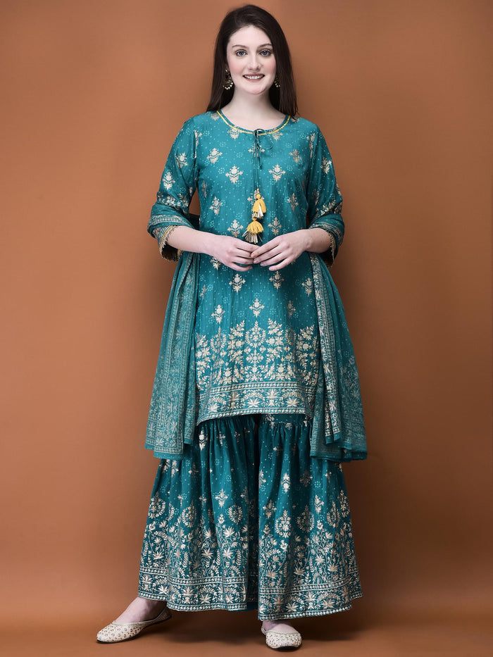 Women Liva (Viscose) Turquoise Blue Foil Print Kurta Sharara Dupatta.