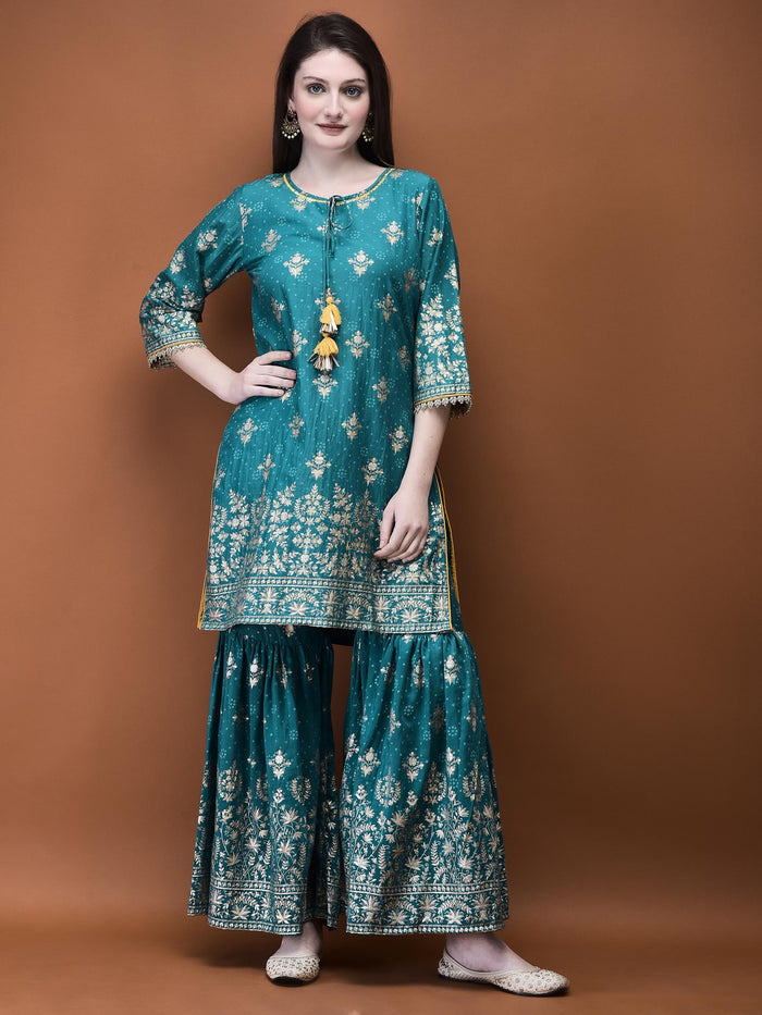 Women Liva (Viscose) Turquoise Blue Foil Print Kurta Sharara Dupatta.